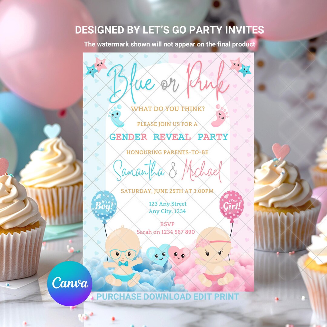 Baby Gender Reveal Invitation He or She Boy Girl Blue Pink Invite ...
