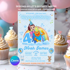 May include: A light blue birthday invitation with the text "Happy Birthday" and "4". The invitation features cartoon characters, a rainbow, and the name "Noah James". Additional text includes event details and RSVP information.