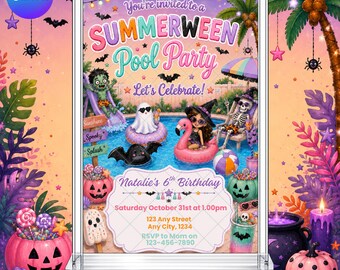 Halloween Summerween Pool Party Invitation: Spooky Trick Treat Summer EDITABLE Printable Canva Template Instant Download Digital Template