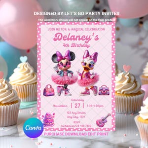 Minnie Mouse Birthday Invitation: Pink Daisy Party, Editable Canva Template (Digital Download)