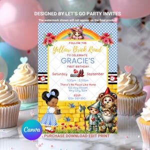 Invitación de cumpleaños del Mago de Oz &quot;Sobre el arcoíris&quot;, Dorothy Ruby Slippers, plantilla editable e imprimible de Canva, descarga digital instantánea.