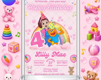 Può includere: Un cartello di compleanno rettangolare in acrilico con una ragazza e un mostro arancione che indossano cappellini da festa davanti a un arcobaleno. Il testo riporta Happy Birthday, il numero 4, Lilly Mae e i dettagli del 27 novembre 2025.