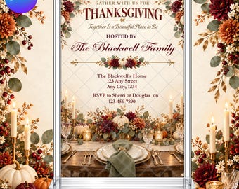 Thanksgiving Floral  Luncheon Invitation: Elegant Burgundy Fall Dinner EDITABLE Printable Canva Template Instant Download Digital Template