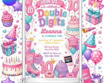 Double Digits 10th Birthday Invitation: Tween Girl's Invite Rainbow EDITABLE Printable Canva Template Instant Download Digital Template