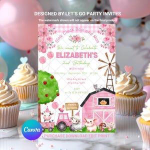 Farm Birthday Invitation Pink Barnyard Farm Animals Barn Ranch Girl&#39;s EDITABLE Printable Canva Template Instant Download Digital Template