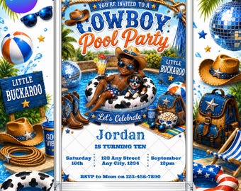 Cowboy Birthday Pool Party Invitation: Wild West Rodeo Yee Haw Western EDITABLE Printable Canva Template Instant Download Digital Template