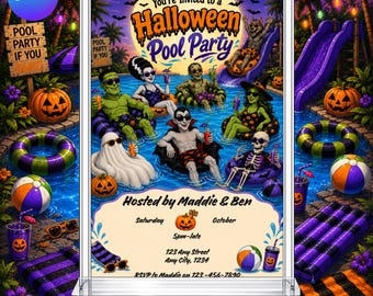 Halloween Monster Pool Party Invitation: Spooky Summer Trick or Treat EDITABLE Printable Canva Template Instant Download Digital Template