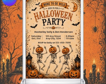 Halloween Bone to be Wild Invitation: Spooky Vintage EDITABLE Printable Canva Template Instant Download Digital Template