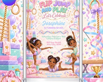 Gymnastics Birthday Invitation: Invite Flip Jump Tumble Gymnast EDITABLE Printable Canva Template Instant Download Digital Template