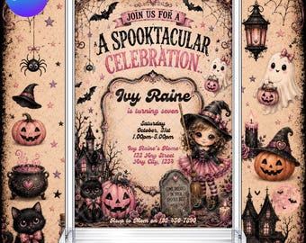 Halloween Birthday Party Invitation: Spooktacular Pink Trick or Treat EDITABLE Printable Canva Template Instant Download Digital Template