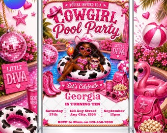 Cowgirl Birthday Pool Party Invitation: Wild West Rodeo Yee Haw Western EDITABLE Printable Canva Template Instant Download Digital Template