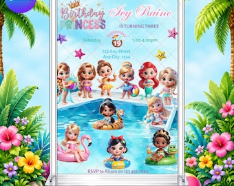 Princess Pool Party Invitation: Birthday Fairytale EDITABLE Printable Canva Template Instant Download