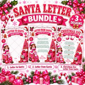 Puede incluir: Un paquete de cartas de Santa con tres diseños distintos en temas navideños rosas y rojos. Los gráficos incluyen una niña con traje rosa, un buzón rosa, un árbol de Navidad rosa y el texto Santa Letter Bundle, 3 Designs.