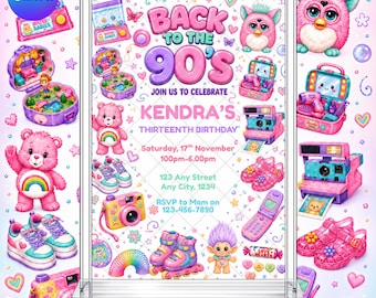 90's Nineties Birthday Invitation: Girl's Retro Party Invite EDITABLE Printable Canva Template Instant Download Digital Template