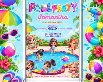 Pool Party Birthday Invitation: Girl's Summer Tropical Swim EDITABLE Printable Canva Template Instant Download Digital Template