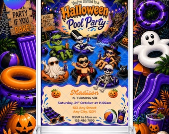 Halloween Monster Pool Party Invitation: Spooky Summer Trick or Treat EDITABLE Printable Canva Template Instant Download Digital Template