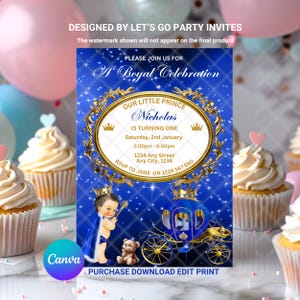 Prince Birthday Invitation Baby Prince Royal Crown Boys Birthday Invite EDITABLE Printable Canva Template Instant Download Digital Template