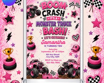 Monster Truck Birthday Invitation: Pink Smash and Crash Party EDITABLE Printable Canva Template Instant Download Digital Template