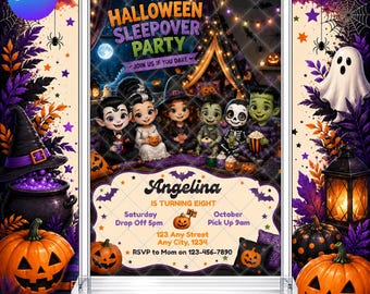 Halloween Sleepover Party Invitation: Spooky Slumber Trick or Treat EDITABLE Printable Canva Template Instant Download Digital Template