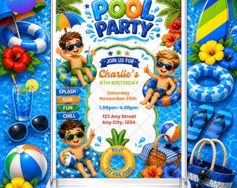Pool Party Birthday Invitation: Boys Splash Summer EDITABLE Printable Canva Template Instant Download