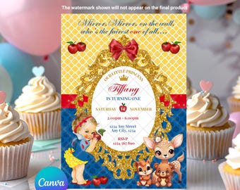 Snow White Birthday Invitation: Baby Princess Fairytale Storybook Invite EDITABLE Printable Canva Template Instant Download Digital Template