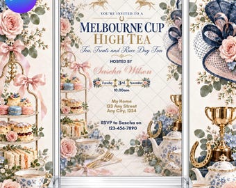 Melbourne Cup High Tea Invitation: Spring Ladies Floral Tea Party Invite EDITABLE Printable Canva Template Instant Download Digital Template