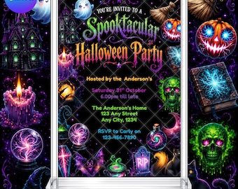 Halloween Neon Party Invitation: Spooky Kids Trick or Treat EDITABLE Printable Canva Template Instant Download Digital Template