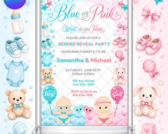 Uitnodiging voor een genderonthulling: Jongen of meisje? Blauw/roze uitnodiging. Bewerkbare, printbare Canva-sjabloon. Direct te downloaden. Digitale sjabloon.