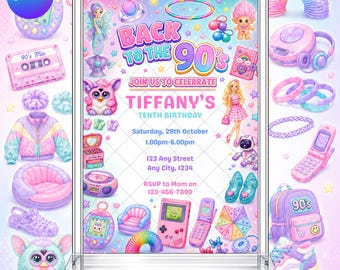 90's Nineties Birthday Invitation: Girl's Retro Party Invite EDITABLE Printable Canva Template Instant Download Digital Template