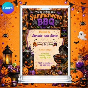 May include: A Summerween BBQ invitation card featuring orange and purple Halloween graphics, including pumpkins, a grill, and bats. The text reads: You're Invited to a Summerween BBQ, Let's Eat Drink and Be Spooky, Hosted by Janelle and Steve.