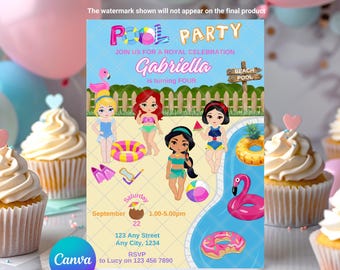 May include: Pool party invitation with cartoon illustrations of girls in swimsuits, a pool, and pool floats. The invitation includes the text "Pool Party" and details for a royal celebration for Gabriella, turning four.