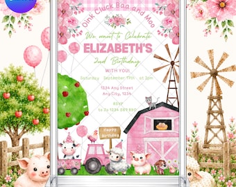 May include: A rectangular birthday invitation card featuring a farm theme with pink accents. The text reads Oink Cluck Baa and Moo, We want to Celebrate ELIZABETH'S 2nd Birthday WITH YOU! Saturday September 17th at 2pm, 1234 Any Street, Any City, 1234, RSVP to Jo 1234 569 890.