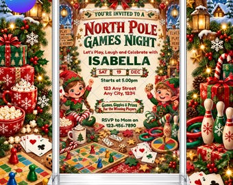Elf Christmas Games Night Invitation: Kids North Pole Christmas Holidays EDITABLE Printable Canva Template Instant Download Digital Template