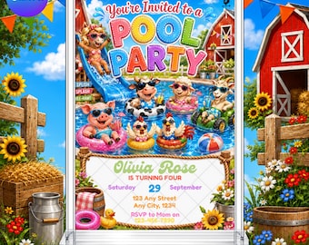 Farmyard Pool Party Invitation: Barnyard Farm Animals Barn Ranch EDITABLE Printable Canva Template Instant Download Digital Template