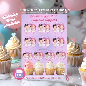May include: A sheet of cupcake toppers with the text "Huntrix Spa 2.5" Cupcake Toppers". The toppers feature illustrations of spa-themed characters. The image also includes cupcakes and the text "Matching Items Available".