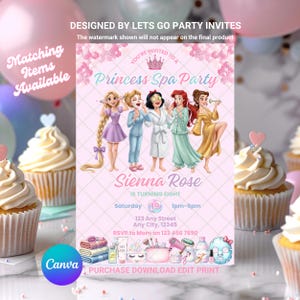 以下が含まれることがあります： ピンク色のプリンセススパパーティーの招待状。プリンセスとスパをテーマにしたアイコンのイラストが描かれています。招待状には「Sienna Rose is turning eight」というテキストとイベントの詳細が含まれています。デザインには「Purchase Download Edit Print」というテキストが含まれています。