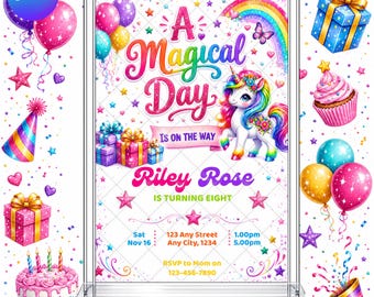 Unicorn Birthday Invitation: Rainbow Magical Birthday Invite EDITABLE Printable Canva Template Instant Download Digital Template
