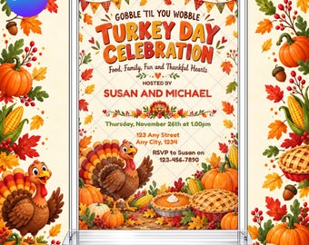 Turkey Day Invitation: Thanksgiving Dinner Gobble Til You Wobble Party EDITABLE Printable Canva Template Instant Download Digital Template