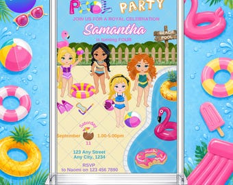 Princess Pool Party Birthday Invitation: Royal Girls EDITABLE Printable Canva Template Instant Download Digital Template