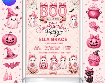 Halloween Spook Uitnodiging: Roze Trick or Treat Spooky Bewerkbare Printbare Canva Sjabloon Direct Downloadbaar Digitaal Sjabloon