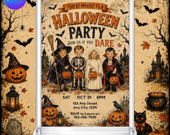 Halloween Trick or Treat Invitation: Spooky Retro Kid's EDITABLE Printable Canva Template Instant Download Digital Template