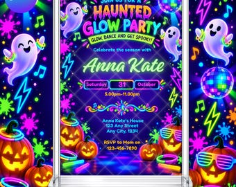Halloween Haunted Glow Party Invitation: Kids Ghost Glow in the Dark EDITABLE Printable Canva Template Instant Download Digital Template