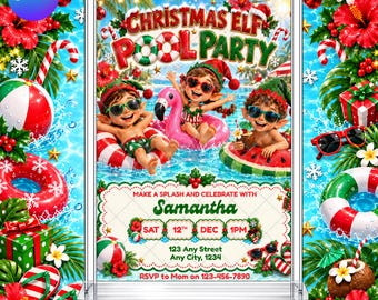 Elf Christmas Pool Party Invitation: Kids Summer Christmas Holidays EDITABLE Printable Canva Template Instant Download Digital Template