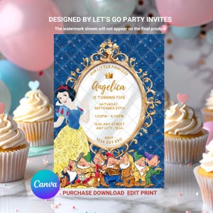 Schneewittchen-Geburtstags-Einladung Prinzessin Mädchen königliches magisches Märchen EDITIERBARE druckbare Canva-Vorlage Sofortiger Download Digitale Vorlage