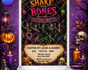 Halloween Party Invitation: Spooky Skeleton Gothic Party Trick or Treat EDITABLE Printable Canva Template Instant Download Digital Template