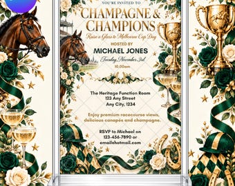 Melbourne Cup Invitation: Champagne Spring Ladies Mens Horse Race Day EDITABLE Printable Canva Template Instant Download Digital Template