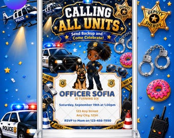 Police Birthday Party Invitation: Cop Officer Law Enforcement Girl's EDITABLE Printable Canva Template Instant Download Digital Template