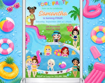 Princess Pool Party Invitation: Ariel Snow Jasmine Cinderella Royal EDITABLE Printable Canva Template Instant Download Digital Template