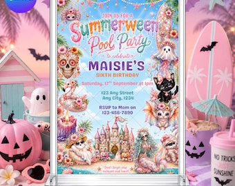 Summerween Pool Party Invitation: Halloween Spooky Pink Trick or Treat EDITABLE Printable Canva Template Instant Download Digital Template