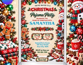Christmas Pajama Party Invitation: Girls Festive Sleepover Slumber EDITABLE Printable Canva Template Instant Download Digital Template